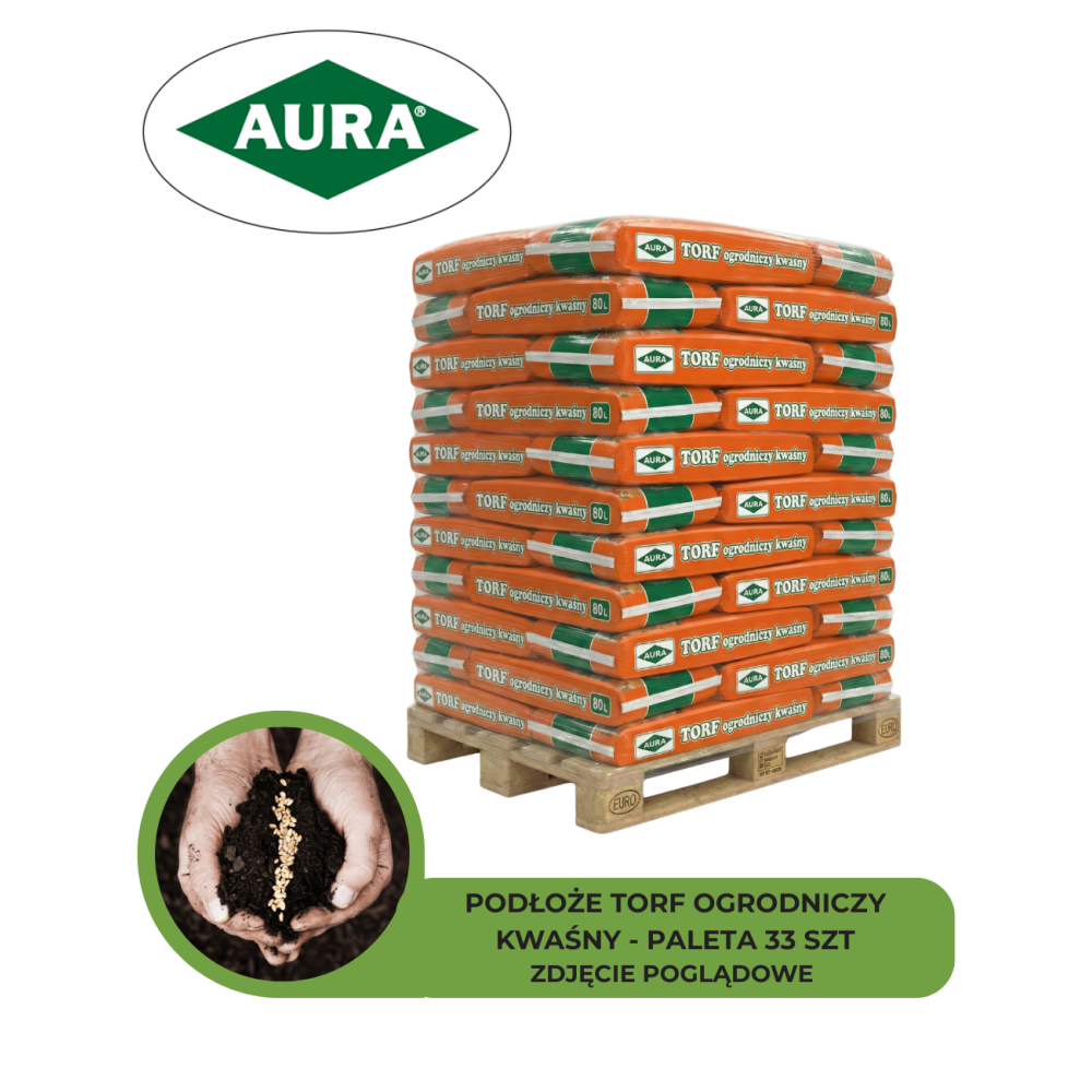 AURA TORF OGRODNICZY KWAŚNY pH 3,5-4,5 80L - PALETA 33 SZT