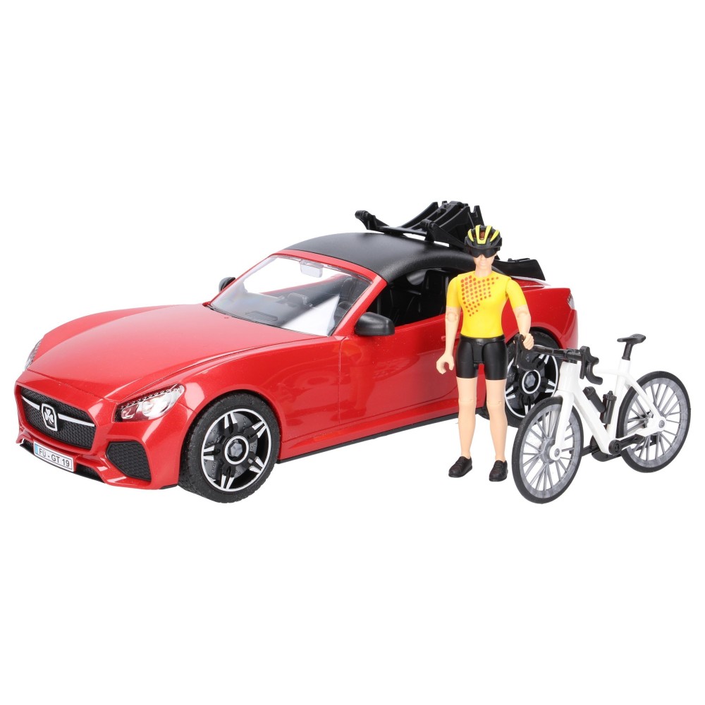 CZERWONY ROADSTER Z FIGURKĄ KOLARKI I ROWEREM 03485