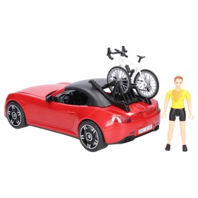 CZERWONY ROADSTER Z FIGURKĄ KOLARKI I ROWEREM 03485